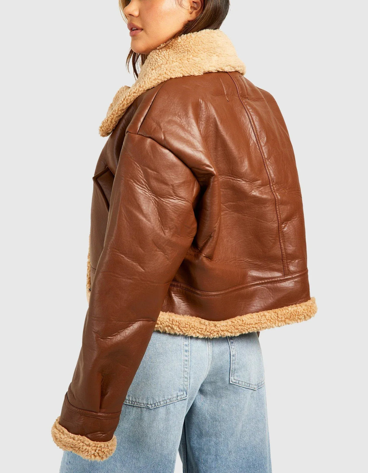 Brown Shearling Jacket for Women in Cropped Leather Bomber Style
