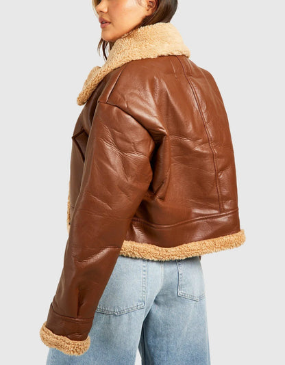 Brown Shearling Jacket for Women in Cropped Leather Bomber Style