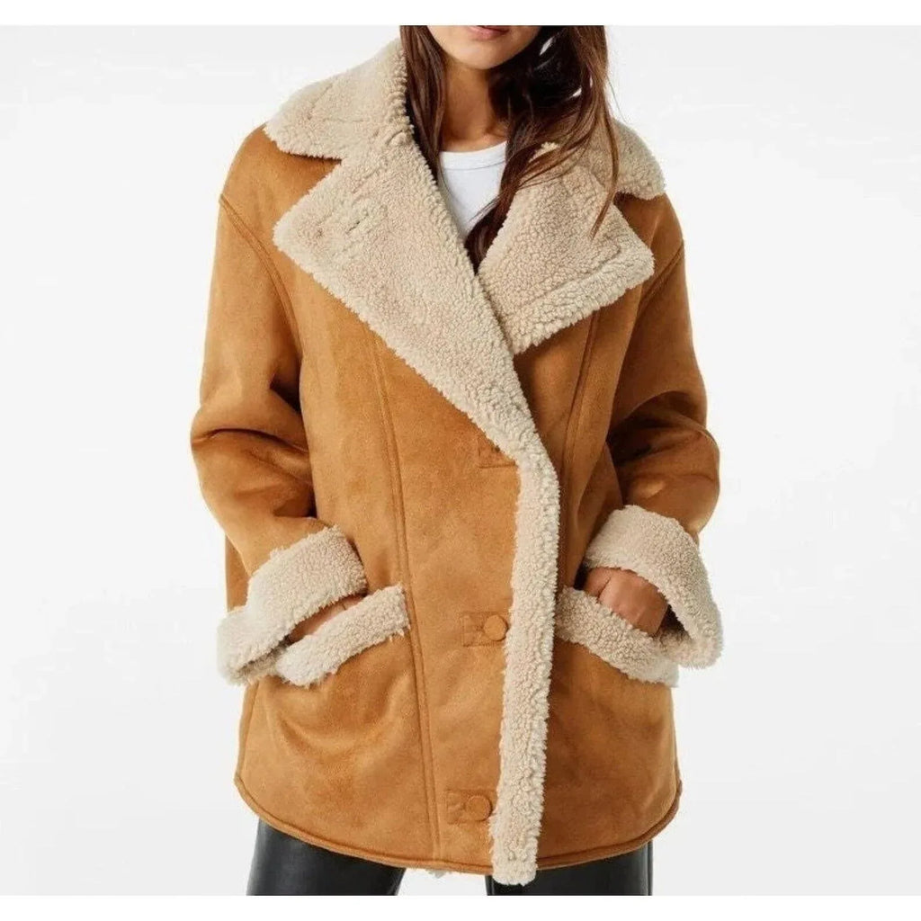 Women’s Brown Suede Shearling Jacket With Oversized Collar