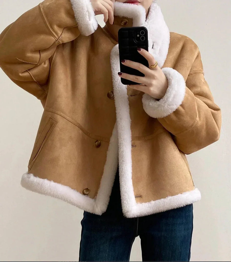 Women’s Camel Shearling Bomber Jacket With White Trim