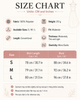 A size chart infographic for a 100% polyester skirt, showing measurements in both centimeters and inches for sizes S, M, and L. The chart includes product details such as weight (210 g), fit (Moderate), and fabric/hanger characteristics, with a dress illustration at the top right and a table at the bottom.