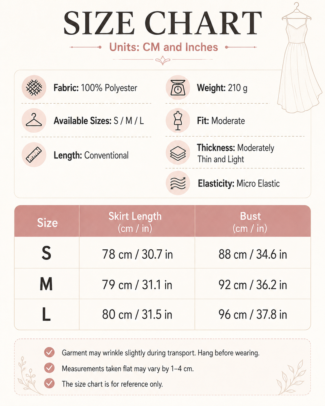 A size chart infographic for a 100% polyester skirt, showing measurements in both centimeters and inches for sizes S, M, and L. The chart includes product details such as weight (210 g), fit (Moderate), and fabric/hanger characteristics, with a dress illustration at the top right and a table at the bottom.
