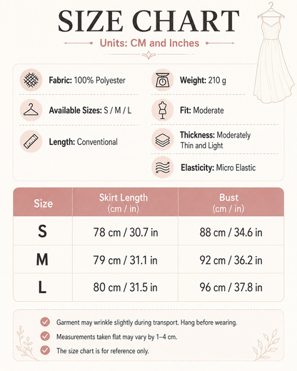 A size chart infographic for a 100% polyester skirt, showing measurements in both centimeters and inches for sizes S, M, and L. The chart includes product details such as weight (210 g), fit (Moderate), and fabric/hanger characteristics, with a dress illustration at the top right and a table at the bottom.