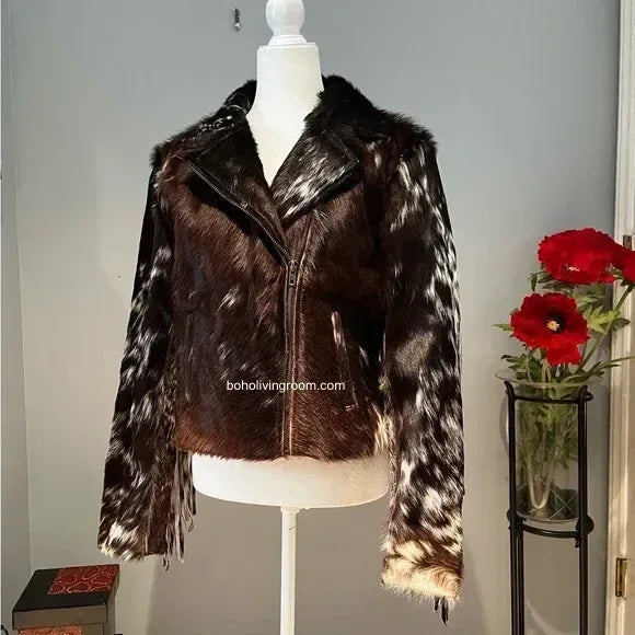 women cowhide leather coat with fringe