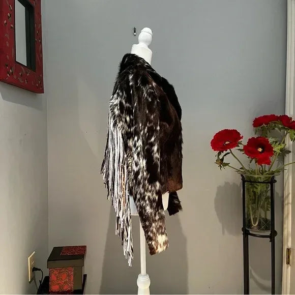 women cowhide leather coat with fringe
