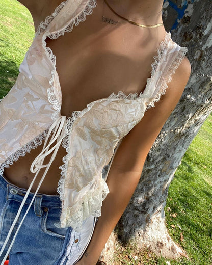 Women's Lace Up Camisole Cream Ruffle Cami Top
