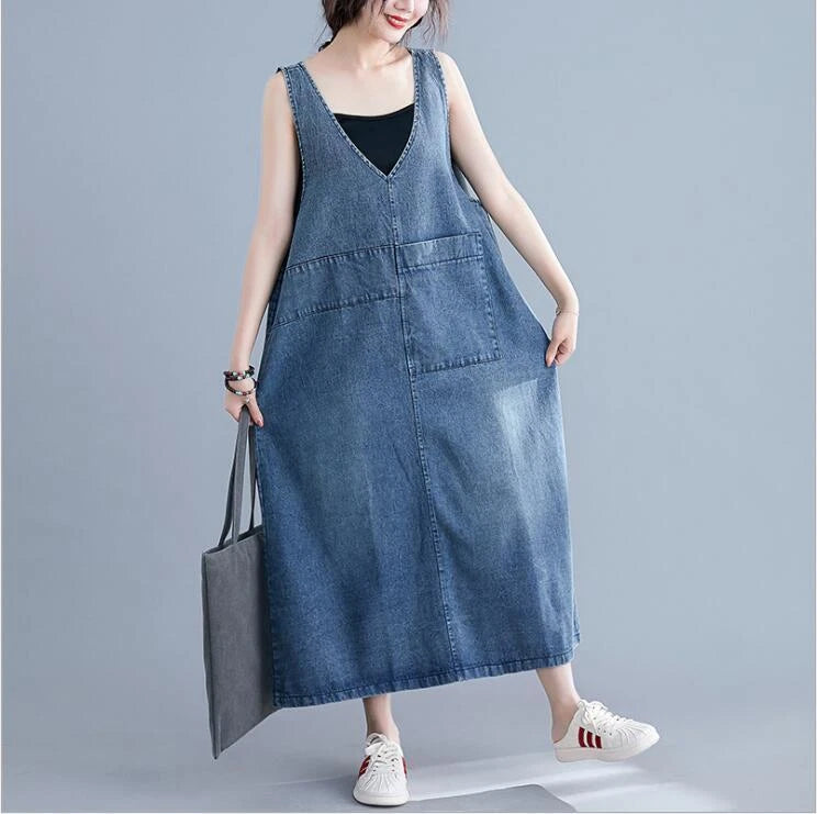 Baggy denim overall dress for women