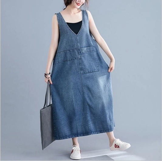 Baggy denim overall dress for women