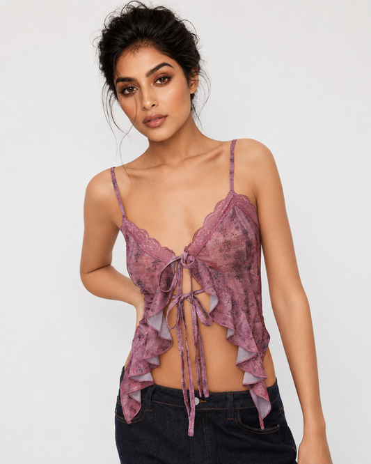Women’s Floral Lace Tie Front Cami Crop Top