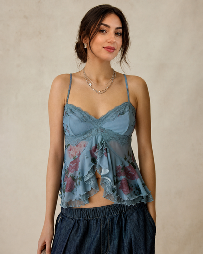 Women’s Floral Lace Trim Mesh Ruffle Camisole Top