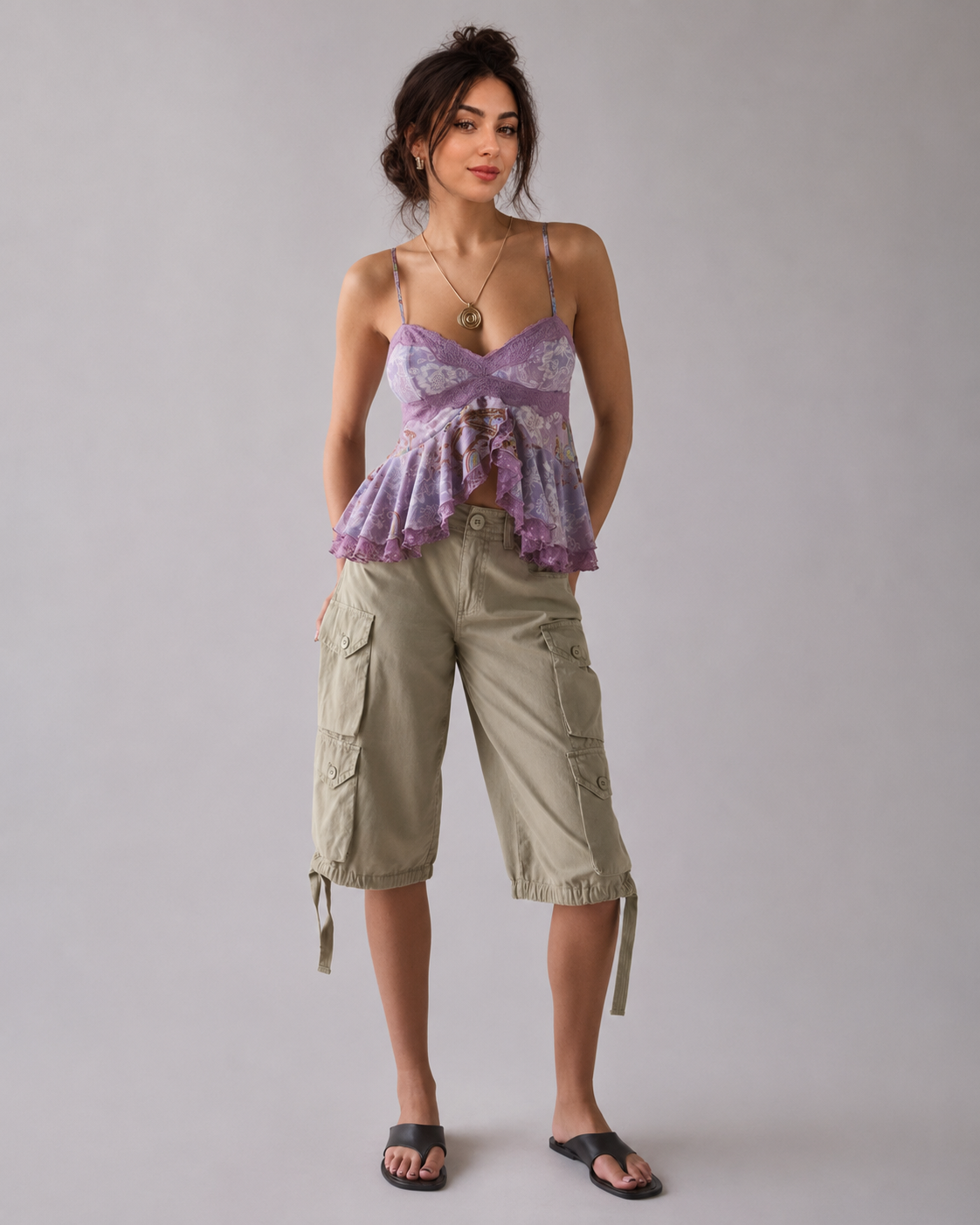 Women’s Floral Lace Trim Mesh Ruffle Camisole Top