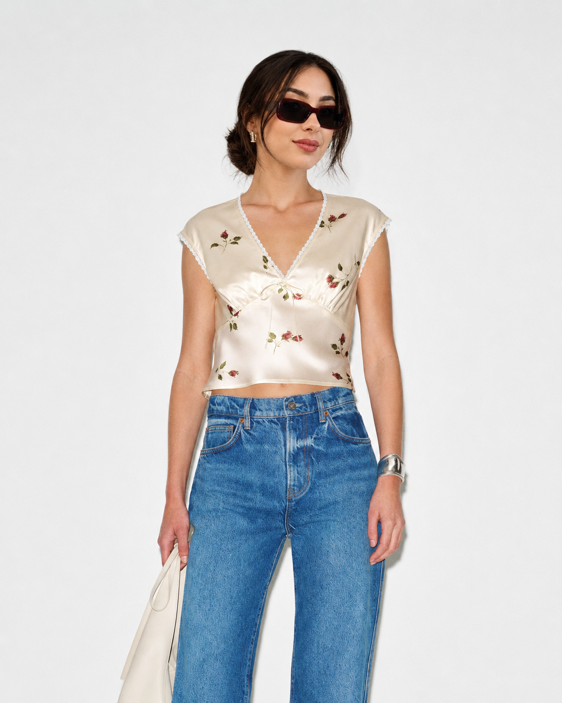 Women’s Floral Satin Lace Trim Cropped Blouse