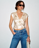 Women’s Floral Satin Lace Trim Cropped Blouse