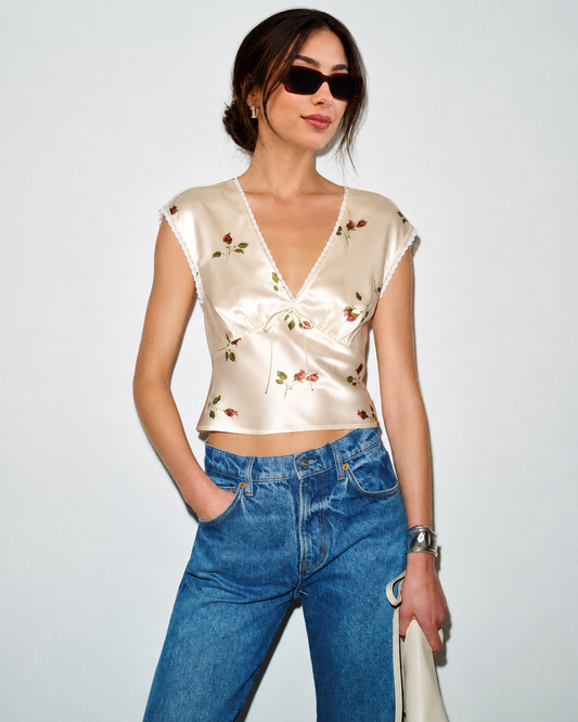 Women’s Floral Satin Lace Trim Cropped Blouse
