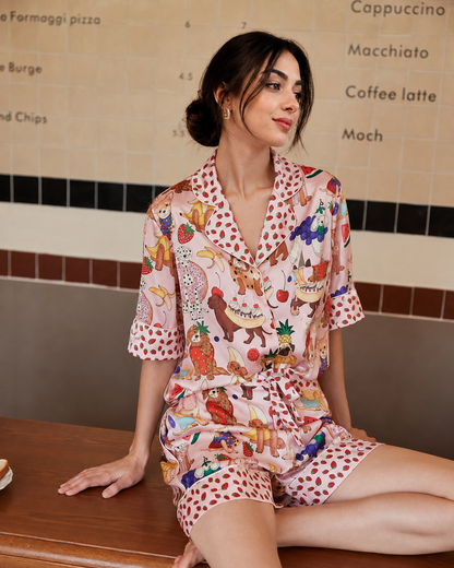Women’s Ice Silk Pajama Set with Cute Printed Shorts