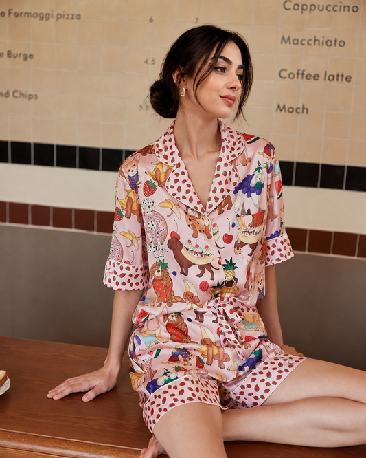 Women’s Ice Silk Pajama Set with Cute Printed Shorts