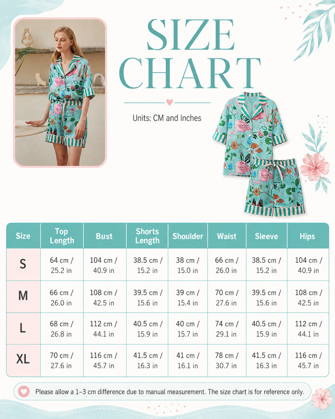 A size chart graphic for a women's pajama set, showing a model wearing the pajama set in a bedroom scene, a standalone view of the pajama set, and a detailed measurement table with sizes S through XL and measurements in centimeters and inches.