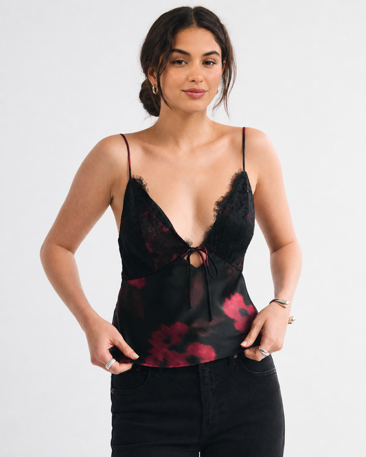 Women’s Lace Satin Spaghetti Strap Tie Front Camisole Top 1 S