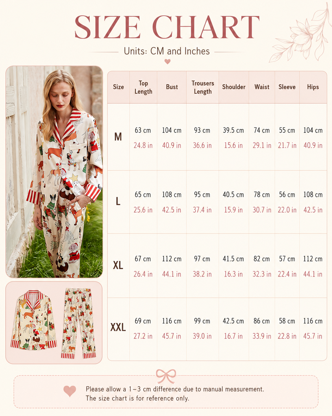 A size chart graphic for a women's pajama set, showing measurements in centimeters and inches for sizes M through XXL. The left side includes a model wearing the pajama set, and the right side features a clean size table with top length, trouser length, shoulder, waist, sleeve, and hips.