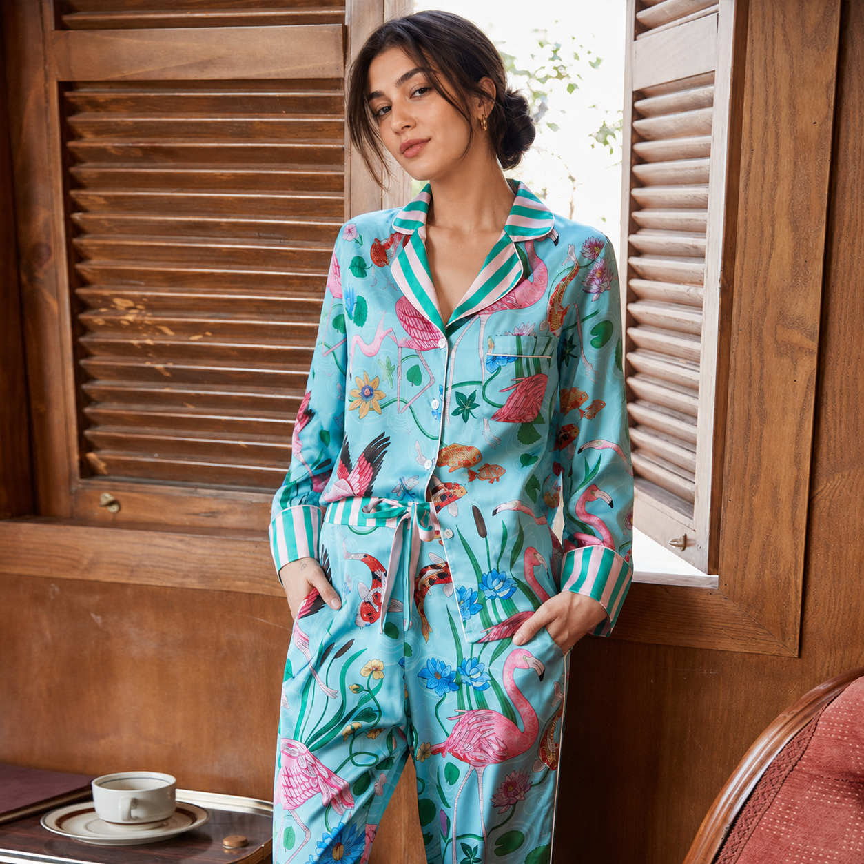 Women’s Loungewear Flamingo Ice Silk Long Sleeve Pajama Set