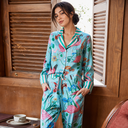 Women’s Loungewear Flamingo Ice Silk Long Sleeve Pajama Set