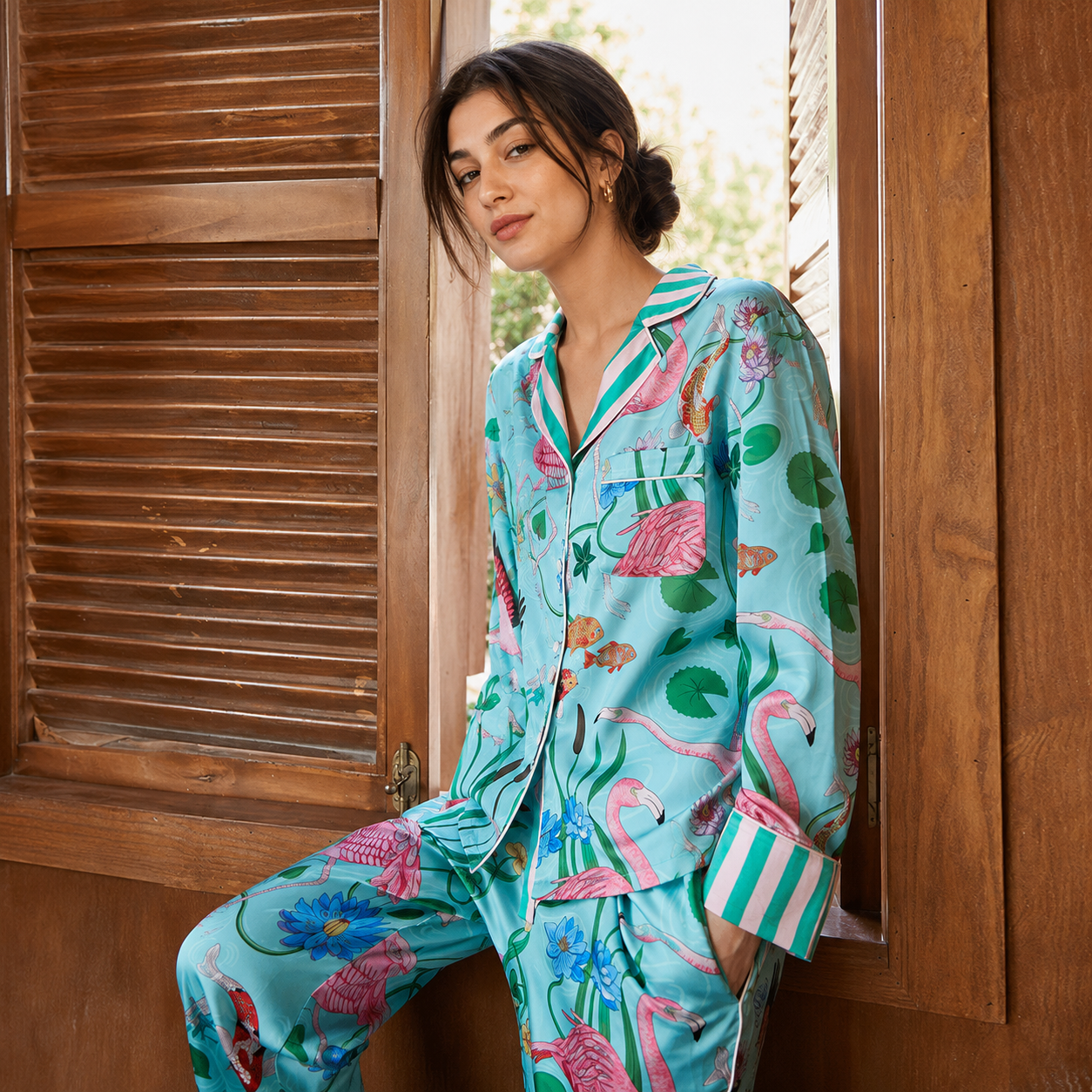 Women’s Loungewear Flamingo Ice Silk Long Sleeve Pajama Set