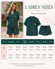 A size chart and sizing table for a women's two-piece pajama set. The chart includes a model wearing the pajama set in a lifestyle inset, a flat lay of the pajama shirt and shorts, and a measurement table listing sizes S and L with top length, bust, shorts length, shoulder, waist, sleeve, and hip measurements in centimeters and inches.