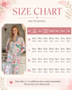 A size chart graphic for a women's pajama set, featuring a model wearing the pajamas on the left and a detailed sizing table on the right with measurements in both centimeters and inches for sizes M through XXL.
