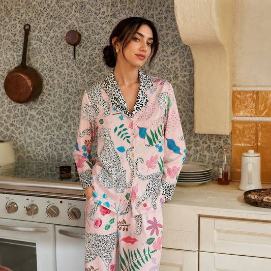 Women’s Loungewear Pink Snow Leopard Ice Silk Pajama Set