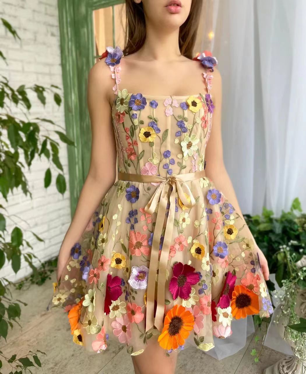 Women's mini sundresses with floral embroidery and bow waist