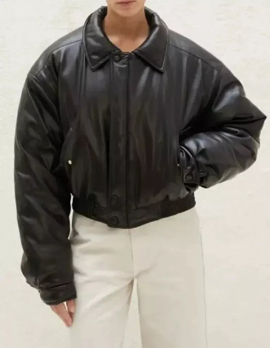 Women’s Oversized Leather Bomber Jacket in Classic Black