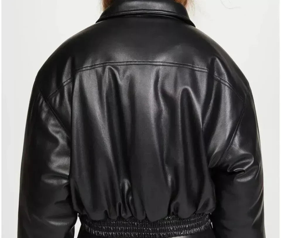 Women’s Oversized Leather Bomber Jacket in Classic Black