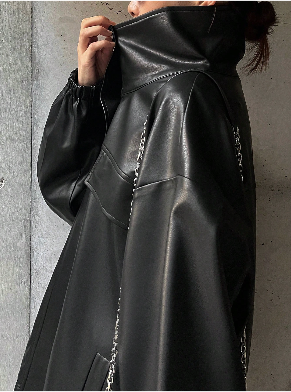Oversized leather jacket women full-length genuine black with structured collar
