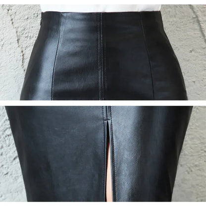 Women’s Black Faux Leather Pencil Skirt with Front Slit