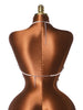 A delicate silver chain body harness with small clear rhinestone accents, shown from the back on a brown satin dress form against a white background.