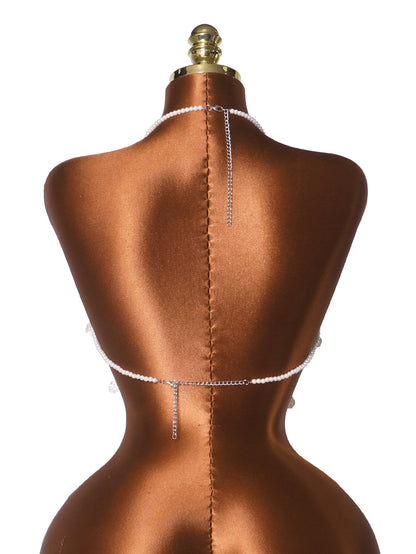 A delicate silver chain body harness with small clear rhinestone accents, shown from the back on a brown satin dress form against a white background.