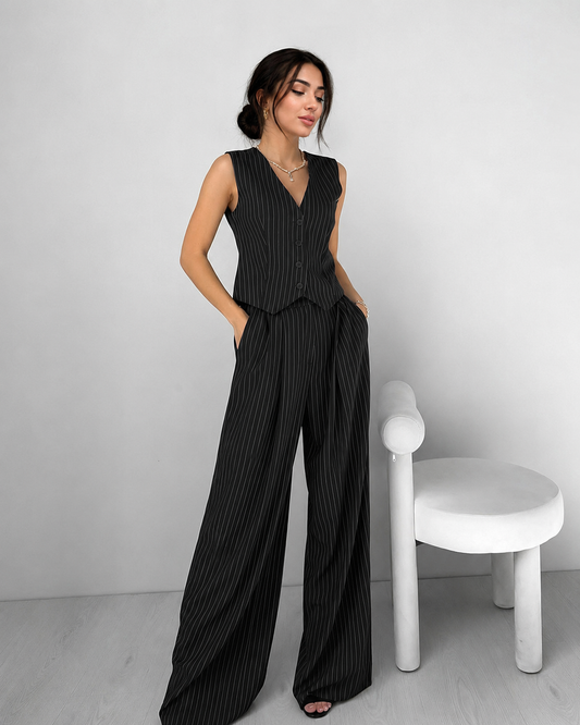Women’s Pinstripe Two-Piece Vest and Wide-Leg Trouser Set Black S