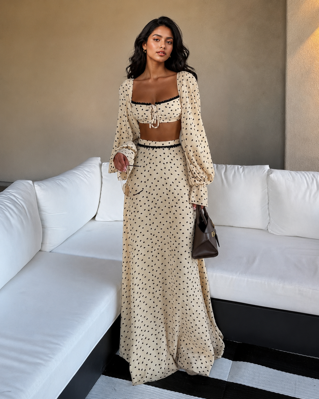 Cream polka dot square neck crop top and high waist maxi skirt set