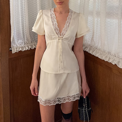 Women’s Satin Lace Trim V-Neck Top and Mini Skirt Set