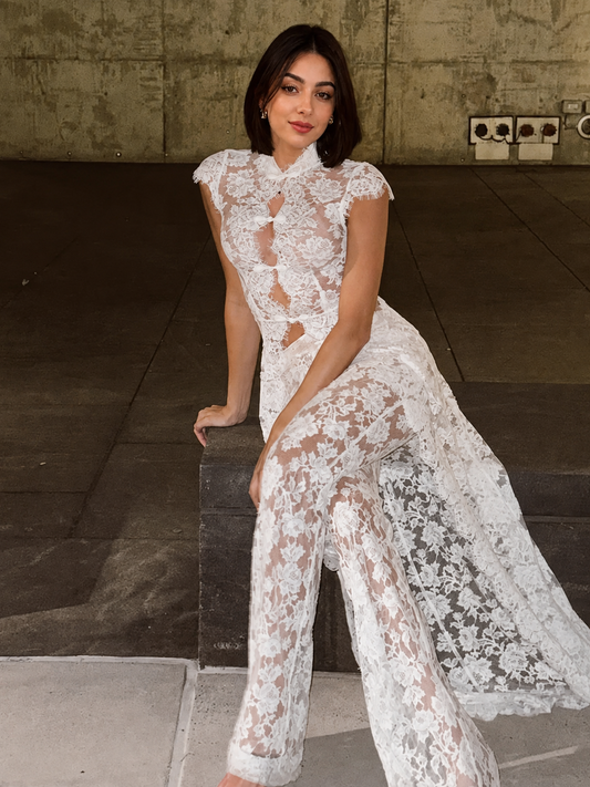 Women’s Sheer Lace Two Piece Wide Leg Pants Set