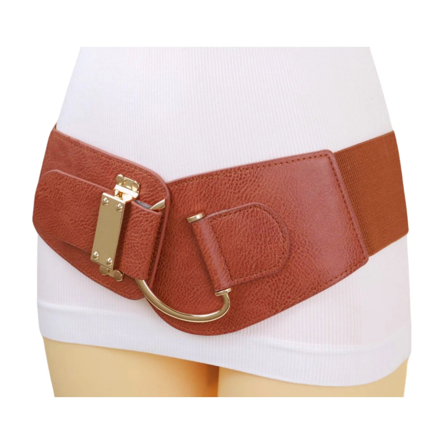 Adjustable wide waist belt faux leather women gold hook