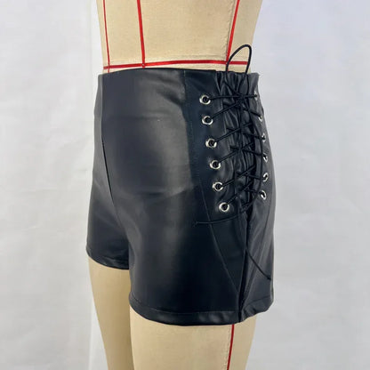 Women’s Black Faux Leather Lace Up Shorts