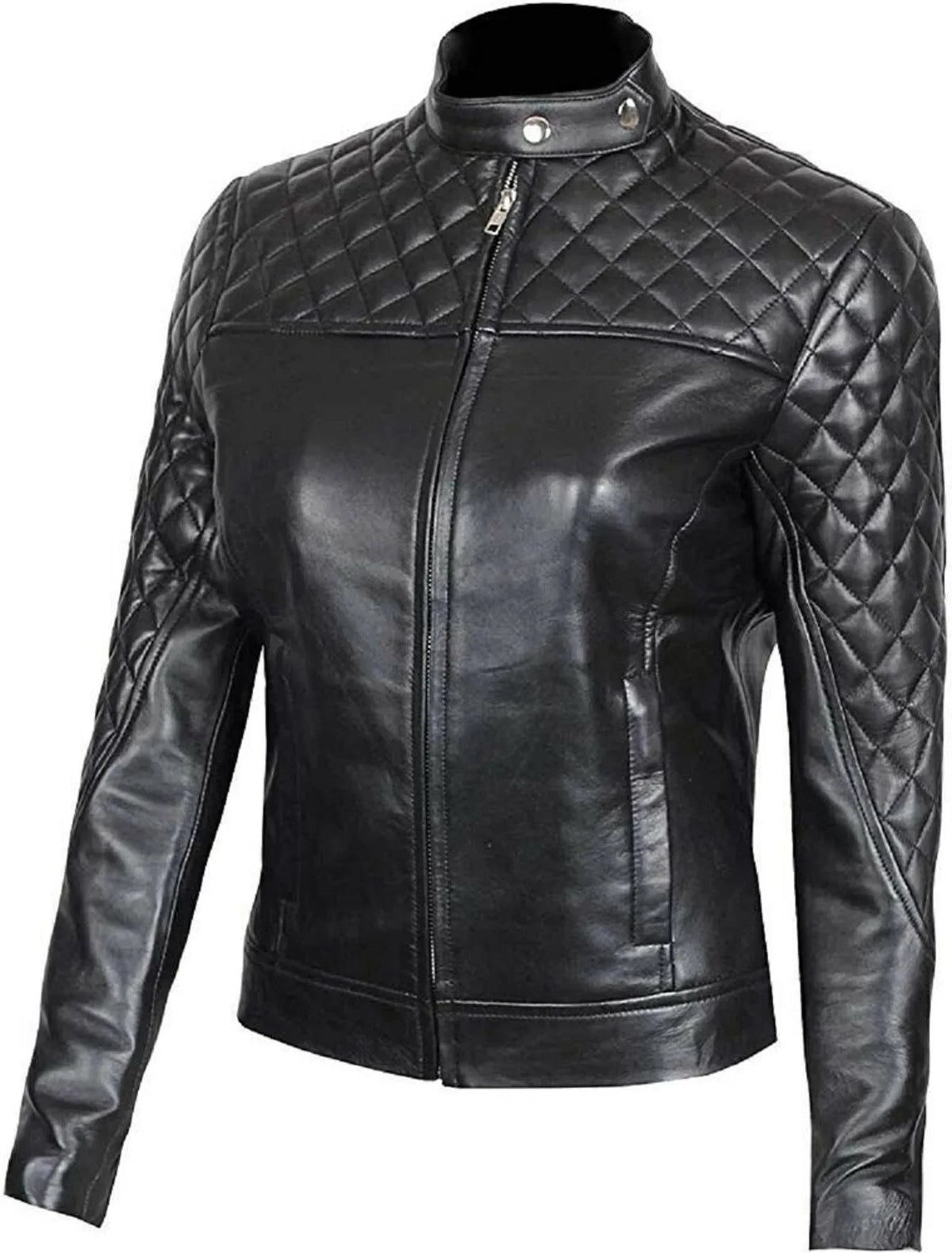 Black Slim Fit Leather Jacket Women Quilted Biker