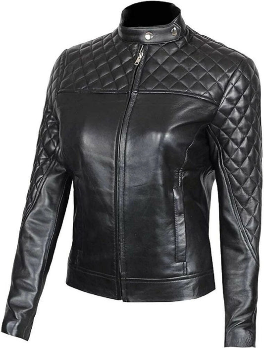 Black Slim Fit Leather Jacket Women Quilted Biker