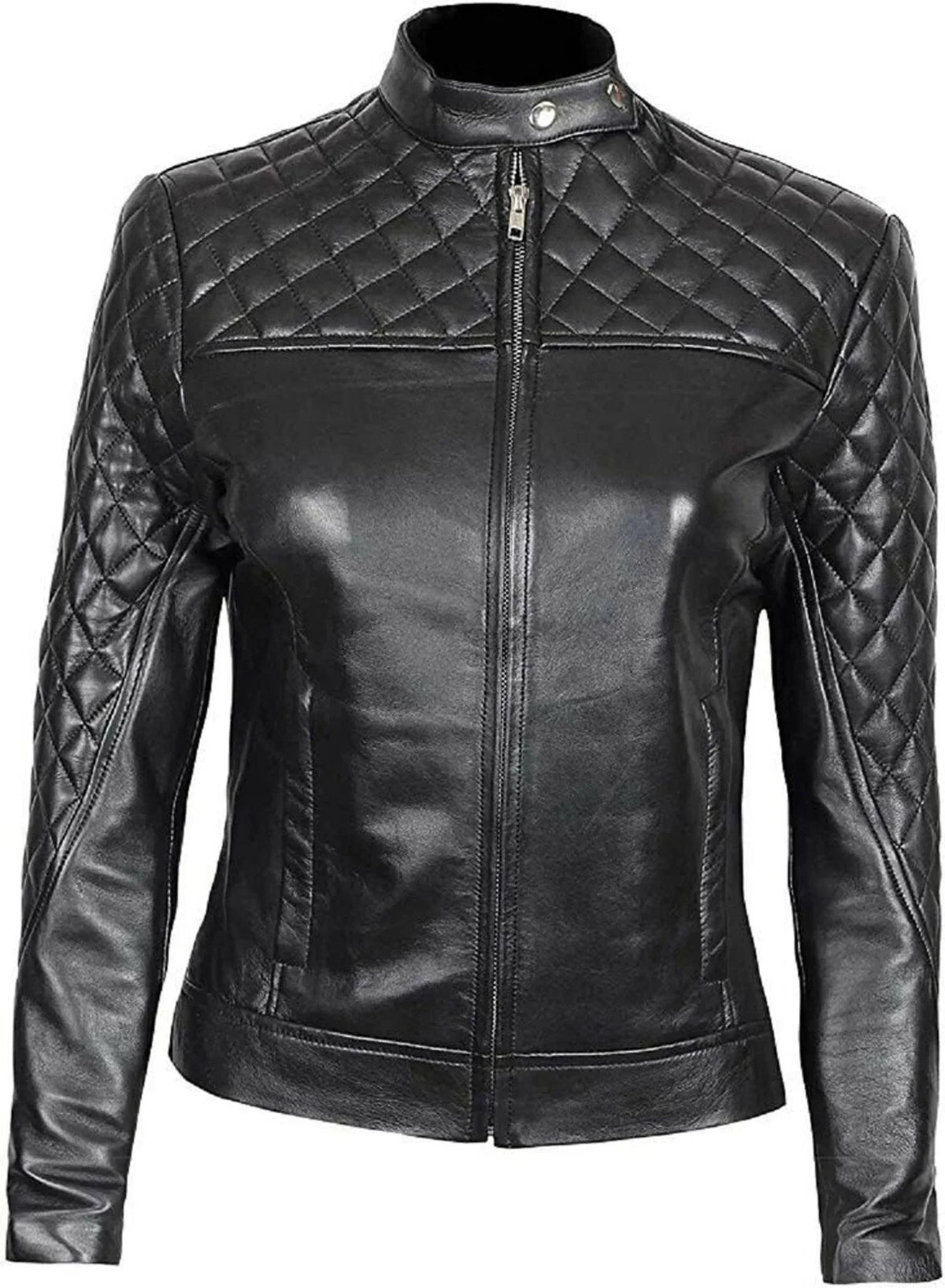 Black Slim Fit Leather Jacket Women Quilted Biker