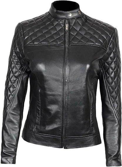 Black Slim Fit Leather Jacket Women Quilted Biker