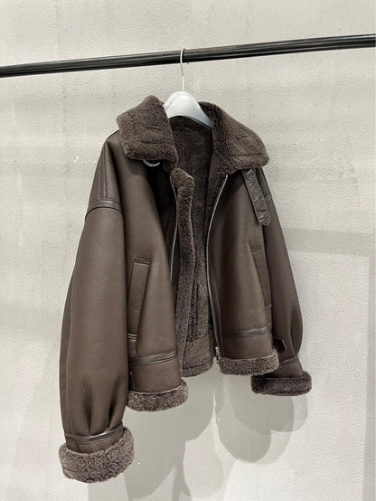 Women's Brown Fur Lined Lambskin Bomber Jacket