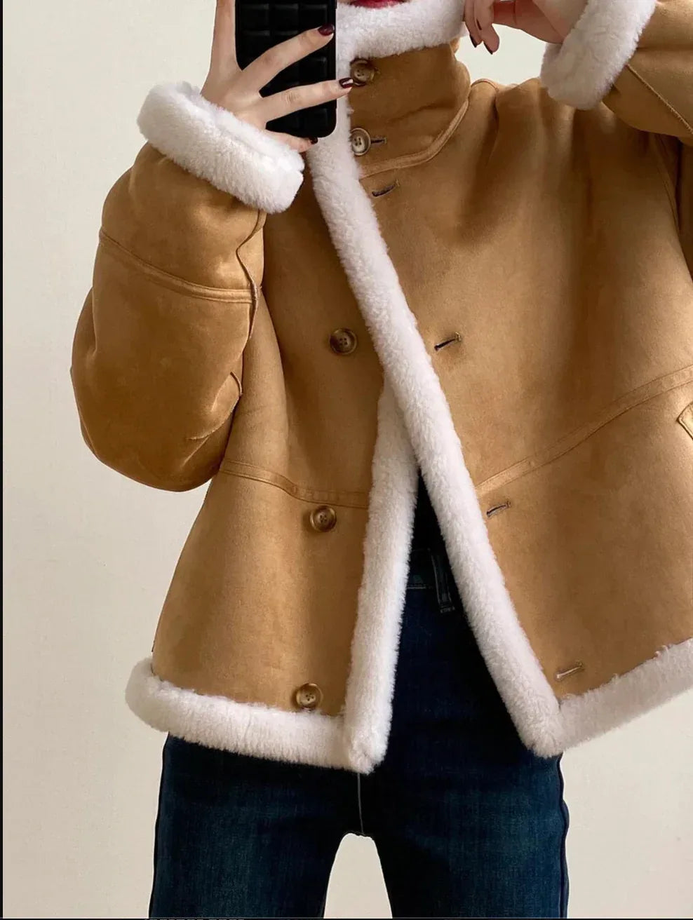 Women’s Camel Shearling Bomber Jacket With White Trim