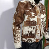 Genuine cowhide jacket made with natural hair-on-hide. Tricolor western jacket for men and women – ideal for rodeo, ranchwear, and cowboy fashion.

