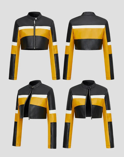 Cropped Faux Leather Biker Jacket in Yellow Black